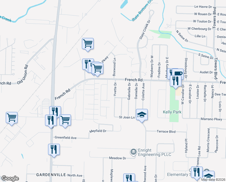 map of restaurants, bars, coffee shops, grocery stores, and more near 30 Yvette Drive in Buffalo