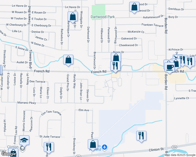 map of restaurants, bars, coffee shops, grocery stores, and more near 12 Rondelay Ct in Buffalo