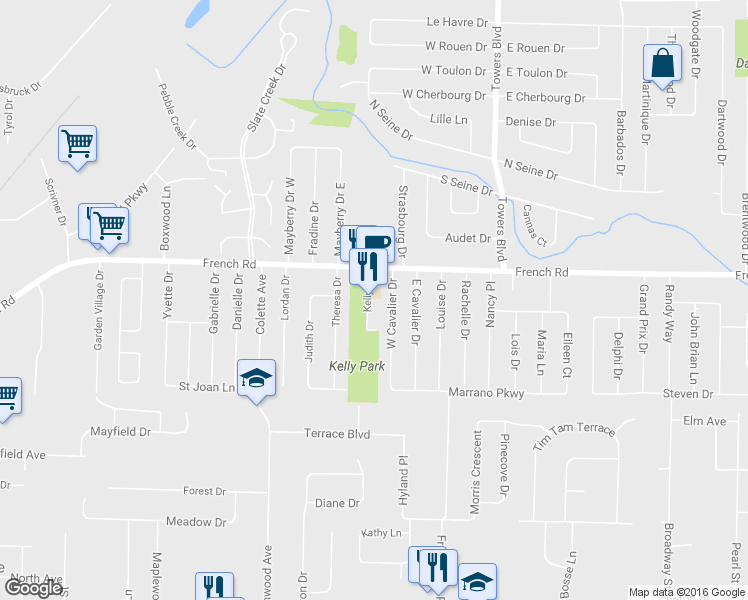map of restaurants, bars, coffee shops, grocery stores, and more near 47 Kelly Dr in Cheektowaga