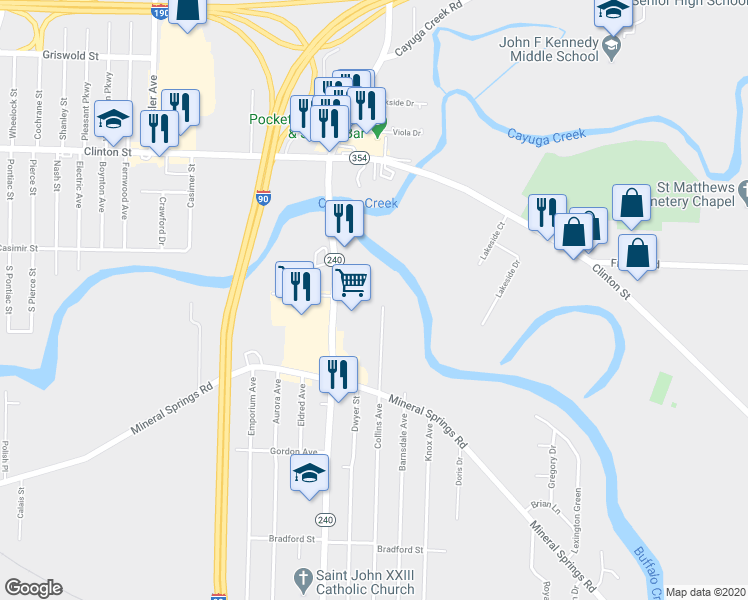 map of restaurants, bars, coffee shops, grocery stores, and more near 452 Collins Avenue in Buffalo
