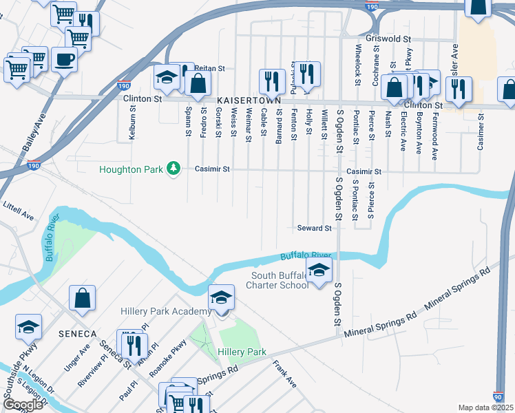 map of restaurants, bars, coffee shops, grocery stores, and more near 78 Cable Street in Buffalo