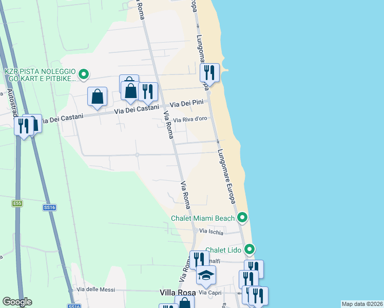 map of restaurants, bars, coffee shops, grocery stores, and more near Via del Parco in Martinsicuro