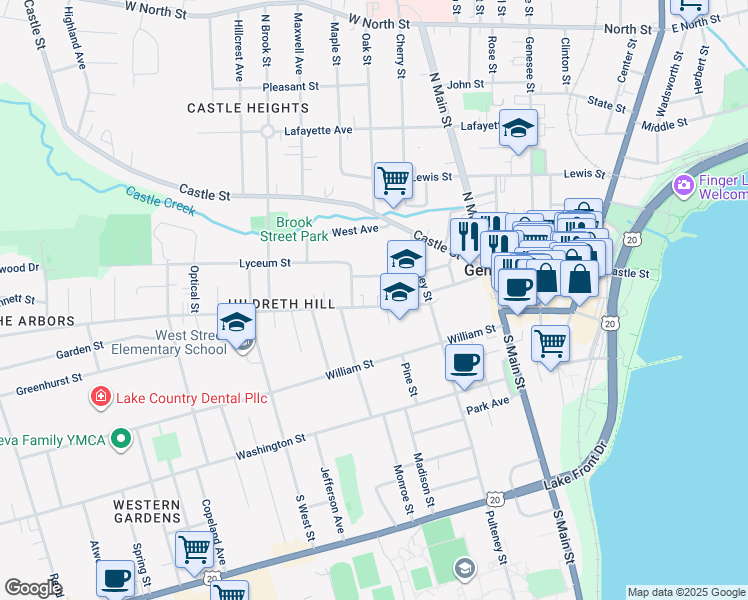 map of restaurants, bars, coffee shops, grocery stores, and more near 52 High Street in Geneva