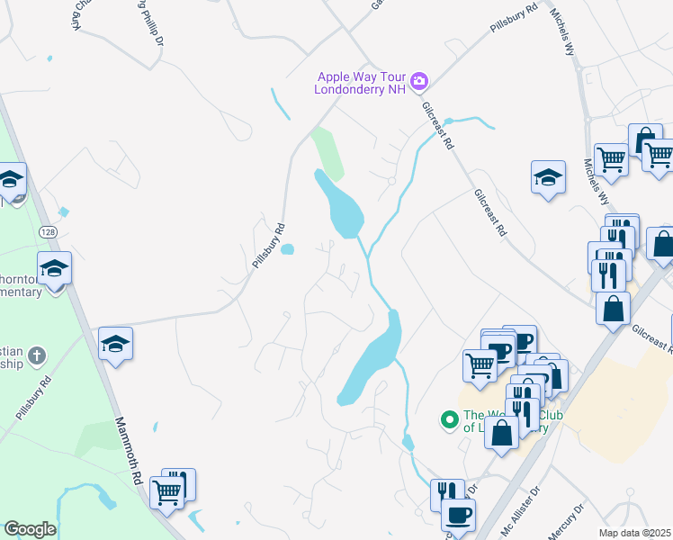 map of restaurants, bars, coffee shops, grocery stores, and more near 268 Winding Pond Road in Londonderry