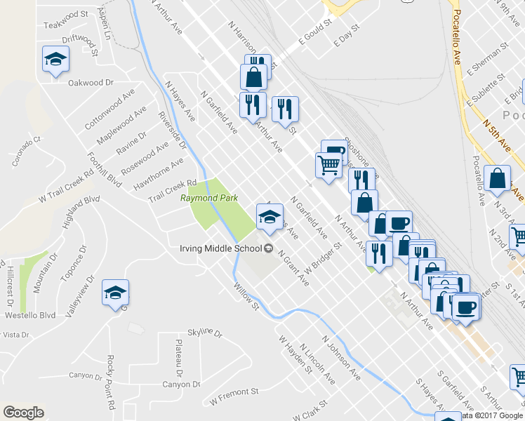 map of restaurants, bars, coffee shops, grocery stores, and more near 1029 North Hayes Avenue in Pocatello