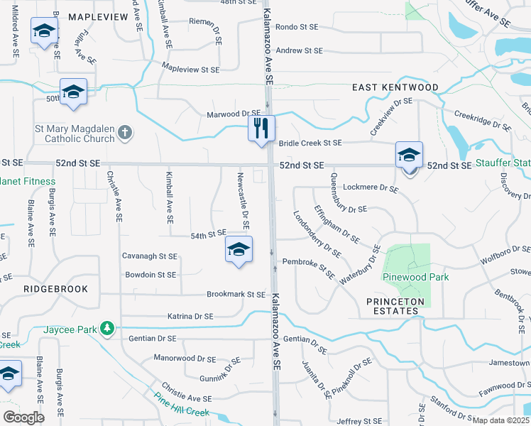 map of restaurants, bars, coffee shops, grocery stores, and more near 5317 Kalamazoo Avenue Southeast in Kentwood