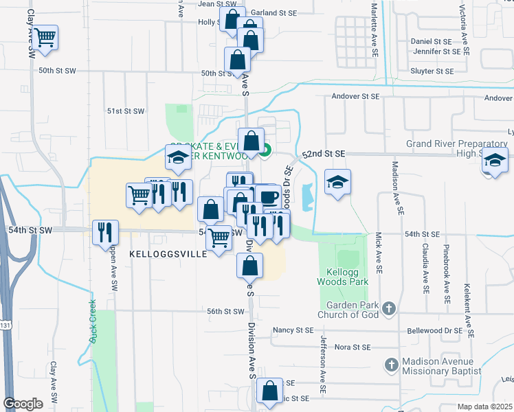 map of restaurants, bars, coffee shops, grocery stores, and more near 5320 Division Avenue South in Kentwood