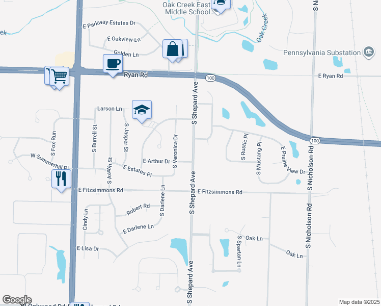 map of restaurants, bars, coffee shops, grocery stores, and more near 9757 South Shepard Avenue in Oak Creek