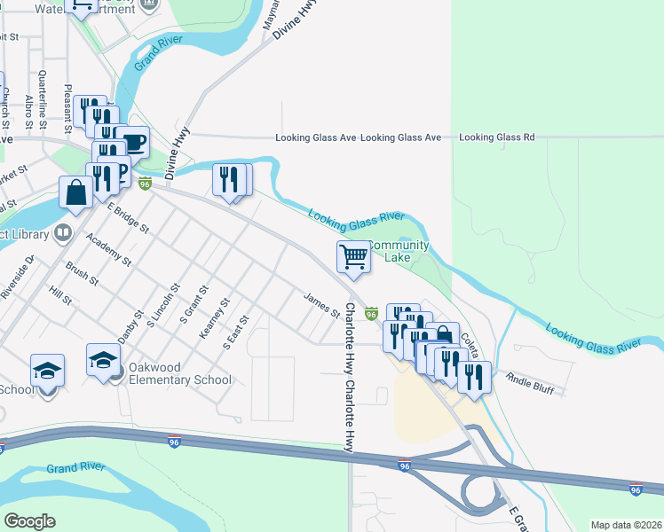 map of restaurants, bars, coffee shops, grocery stores, and more near 1037 East Grand River Avenue in Portland