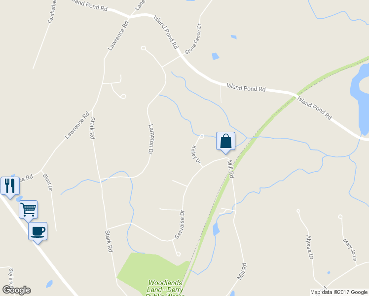 map of restaurants, bars, coffee shops, grocery stores, and more near 4 Kelley Drive in Derry