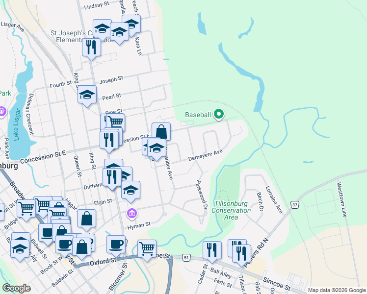 map of restaurants, bars, coffee shops, grocery stores, and more near 84 Parkwood Drive in Tillsonburg