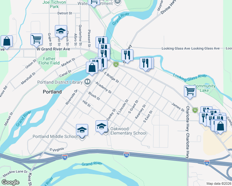 map of restaurants, bars, coffee shops, grocery stores, and more near 423 Academy Street in Portland
