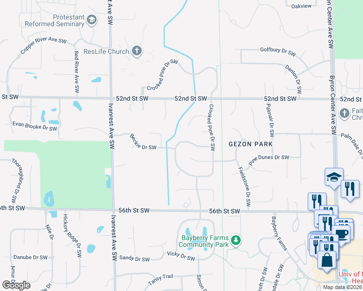 map of restaurants, bars, coffee shops, grocery stores, and more near 2974 North Horseshoe Drive Southwest in Grandville