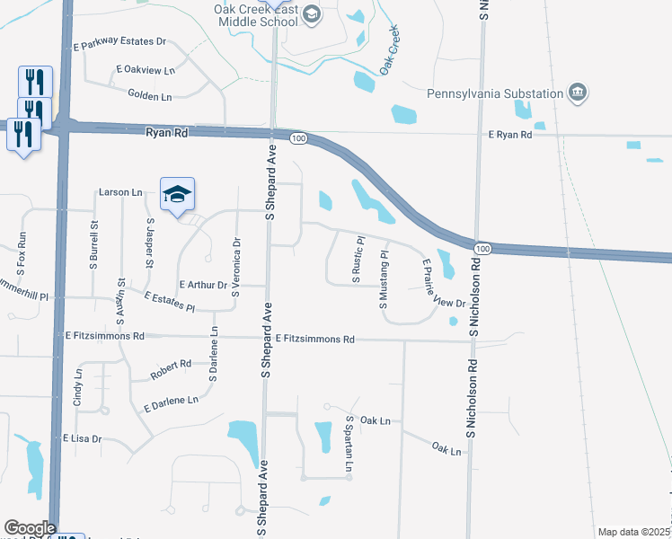 map of restaurants, bars, coffee shops, grocery stores, and more near 9760 South Bluegrass Place in Oak Creek