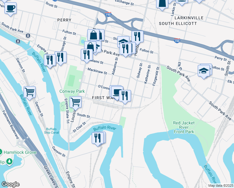 map of restaurants, bars, coffee shops, grocery stores, and more near 97 Vandalia Street in Buffalo