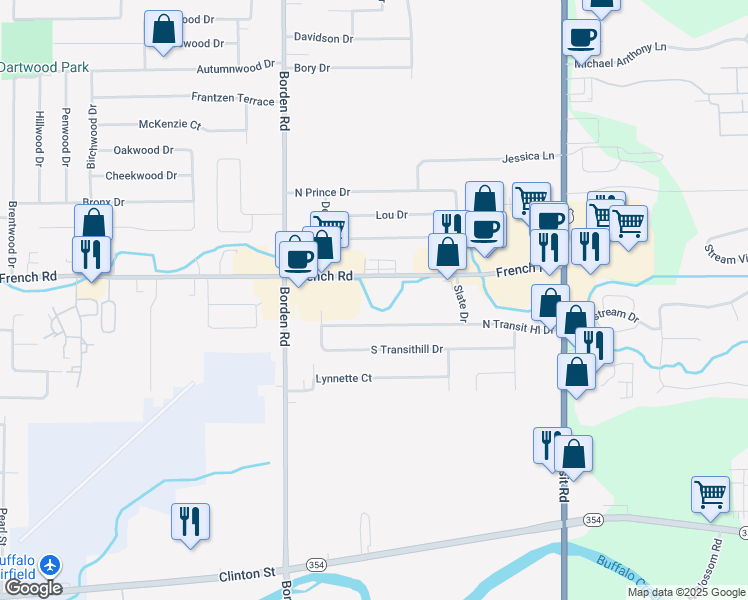 map of restaurants, bars, coffee shops, grocery stores, and more near 1279 French Road in Depew