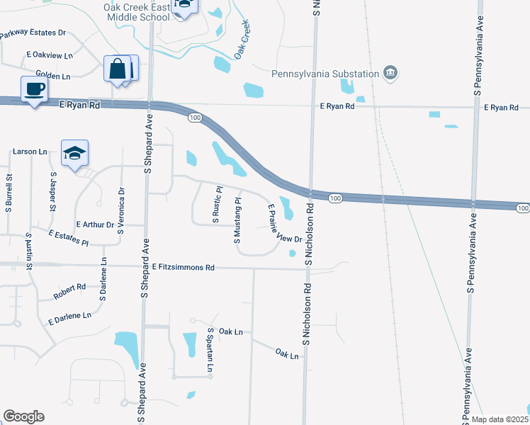 map of restaurants, bars, coffee shops, grocery stores, and more near 1415 East Prairie View Drive in Oak Creek