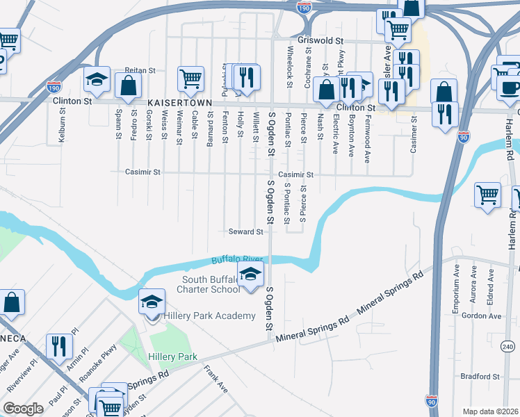 map of restaurants, bars, coffee shops, grocery stores, and more near 218 South Ogden Street in Buffalo