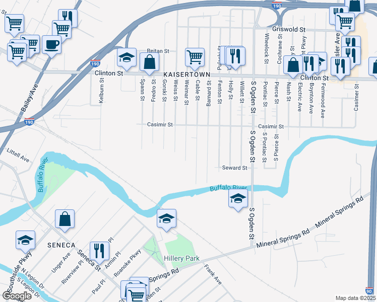 map of restaurants, bars, coffee shops, grocery stores, and more near 78 Cable Street in Buffalo