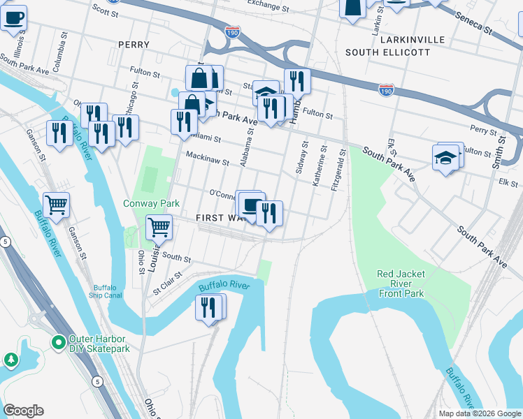 map of restaurants, bars, coffee shops, grocery stores, and more near 179 O'Connell Street in Buffalo