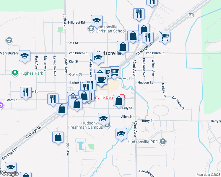 map of restaurants, bars, coffee shops, grocery stores, and more near 3302 Prospect Street in Hudsonville