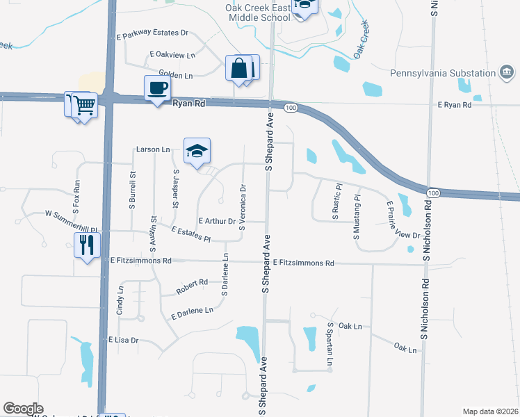 map of restaurants, bars, coffee shops, grocery stores, and more near 9757 South Shepard Avenue in Oak Creek