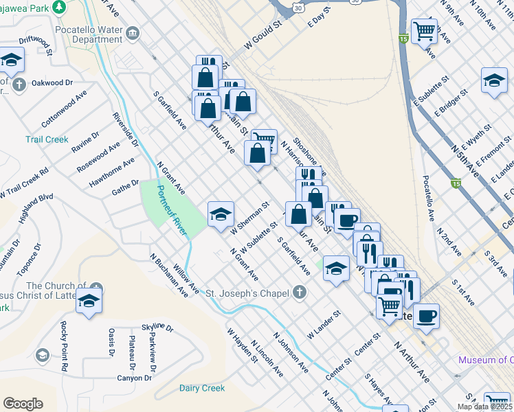 map of restaurants, bars, coffee shops, grocery stores, and more near 456 West Sherman Street in Pocatello