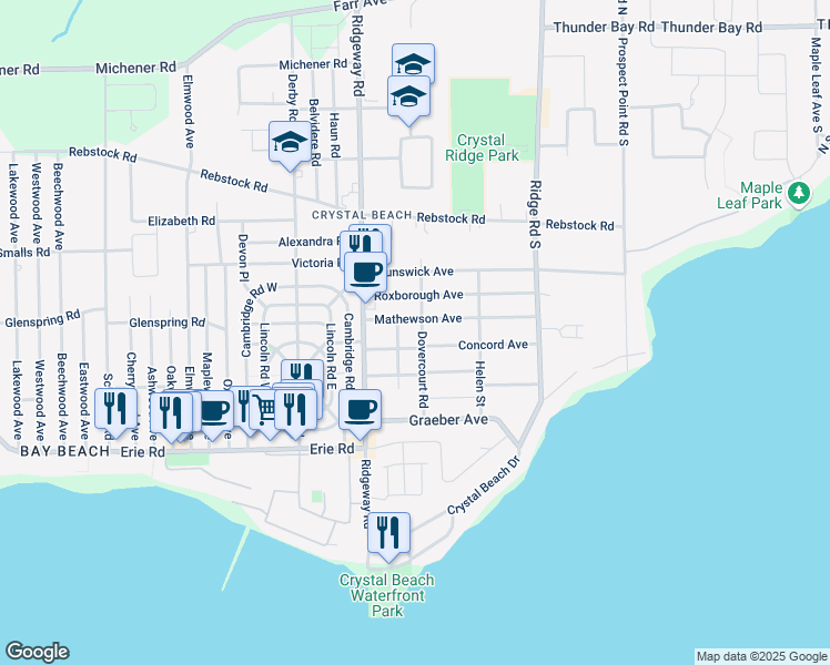map of restaurants, bars, coffee shops, grocery stores, and more near 309 Dovercourt Road in Fort Erie