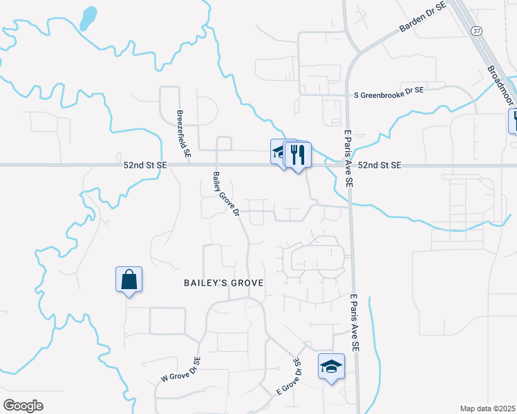 map of restaurants, bars, coffee shops, grocery stores, and more near 3771 Old Elm Drive Southeast in Kentwood