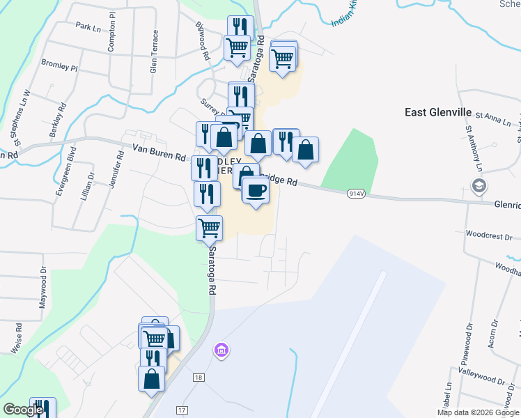 map of restaurants, bars, coffee shops, grocery stores, and more near 204 Saratoga Road in Schenectady