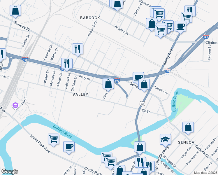 map of restaurants, bars, coffee shops, grocery stores, and more near in West Seneca