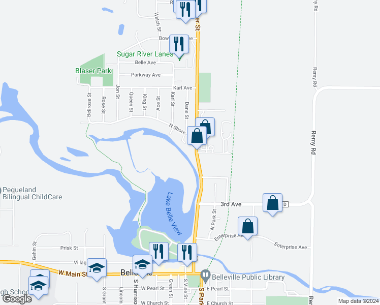 map of restaurants, bars, coffee shops, grocery stores, and more near 375 River Street in Belleville