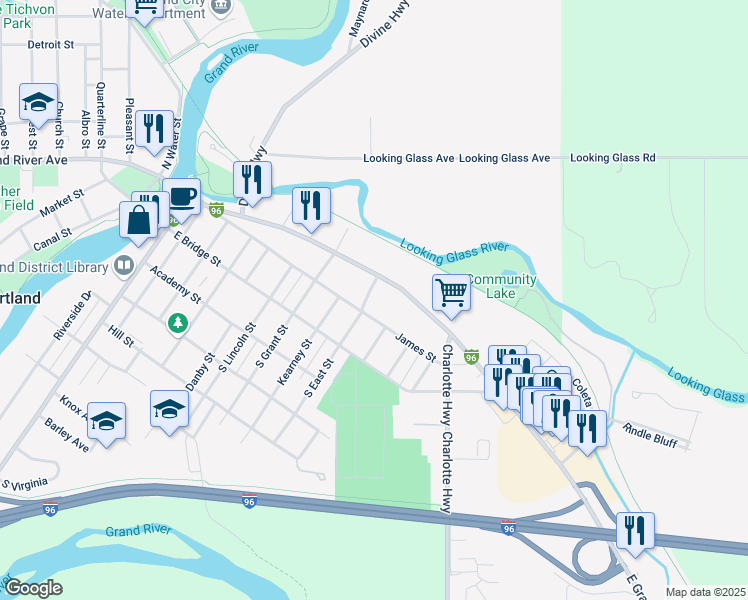 map of restaurants, bars, coffee shops, grocery stores, and more near 980 East Grand River Avenue in Portland