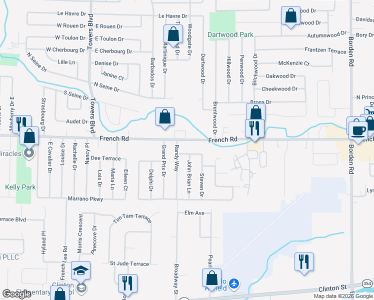 map of restaurants, bars, coffee shops, grocery stores, and more near 14 Steven Drive in Buffalo