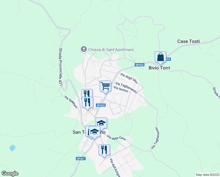 map of restaurants, bars, coffee shops, grocery stores, and more near 37 Via Roma in San Terenziano