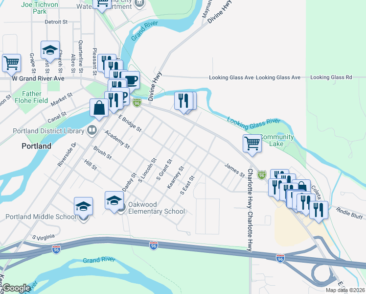 map of restaurants, bars, coffee shops, grocery stores, and more near 125 South Grant Street in Portland
