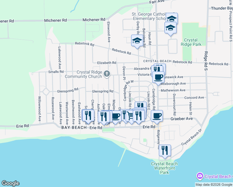 map of restaurants, bars, coffee shops, grocery stores, and more near 303 Maplewood Avenue in Fort Erie