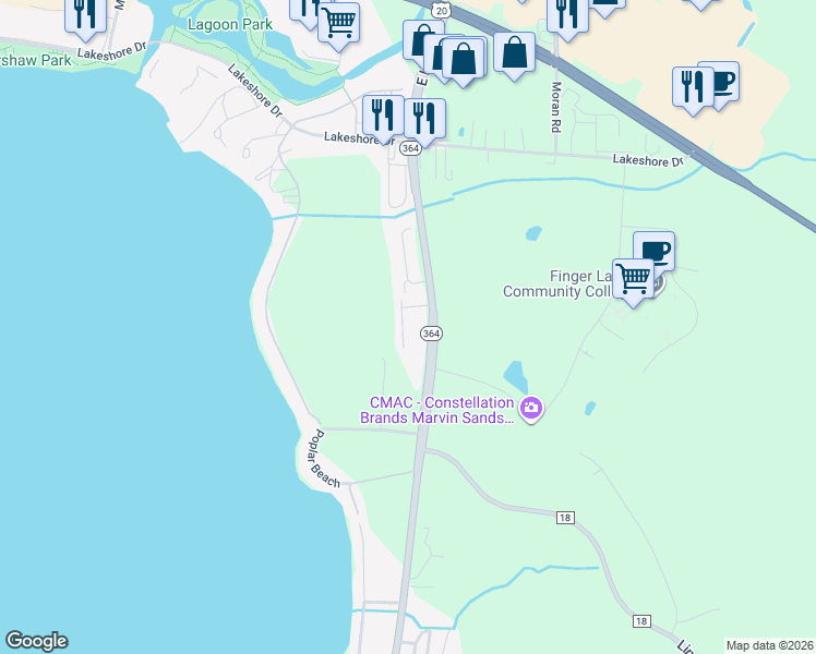 map of restaurants, bars, coffee shops, grocery stores, and more near 3300 New York 364 in Canandaigua