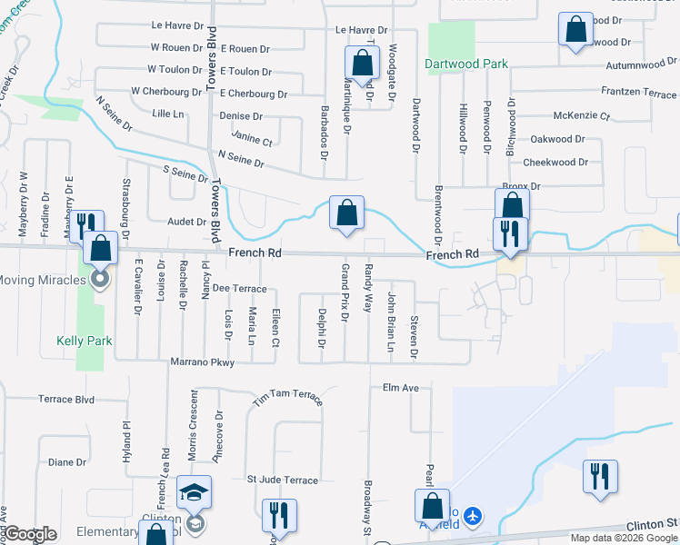 map of restaurants, bars, coffee shops, grocery stores, and more near 751 French Road in Cheektowaga