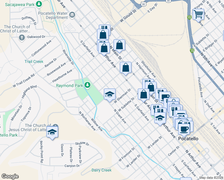 map of restaurants, bars, coffee shops, grocery stores, and more near 554 West Custer Street in Pocatello