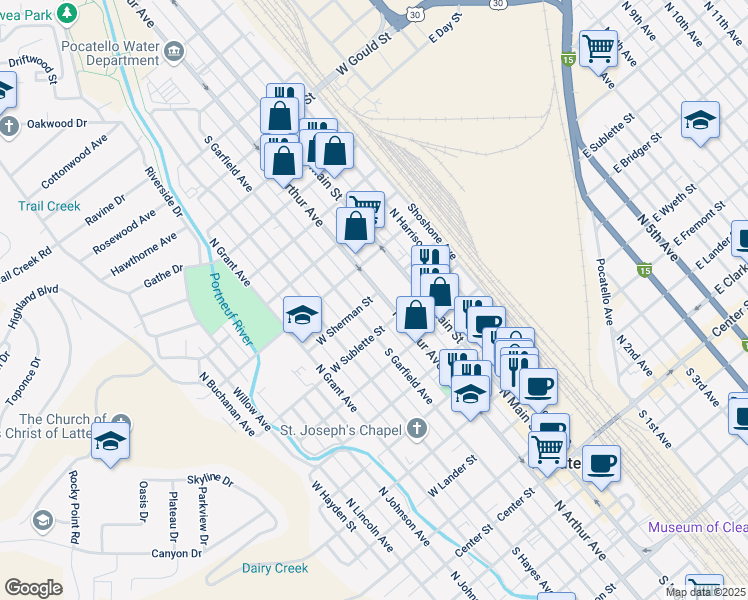 map of restaurants, bars, coffee shops, grocery stores, and more near 456 West Sherman Street in Pocatello