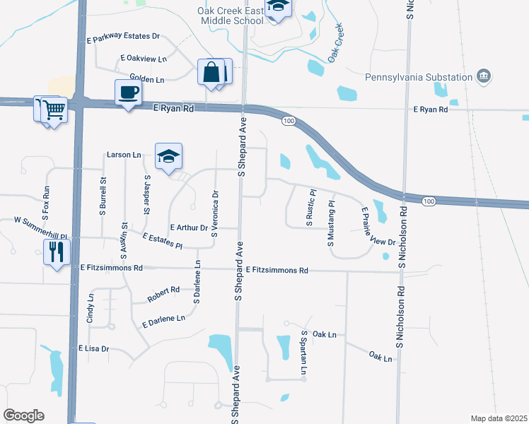 map of restaurants, bars, coffee shops, grocery stores, and more near 9736 South Scenic Court in Oak Creek