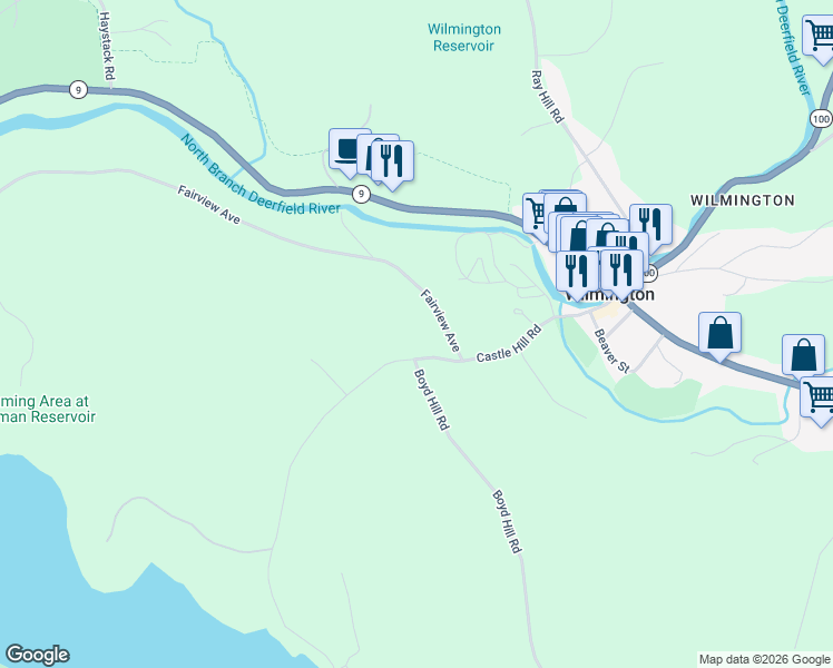 map of restaurants, bars, coffee shops, grocery stores, and more near 57 Castle Hill Road in Wilmington