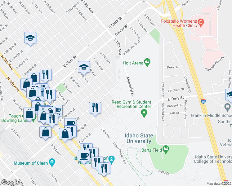 map of restaurants, bars, coffee shops, grocery stores, and more near 500 South 11th Avenue in Pocatello