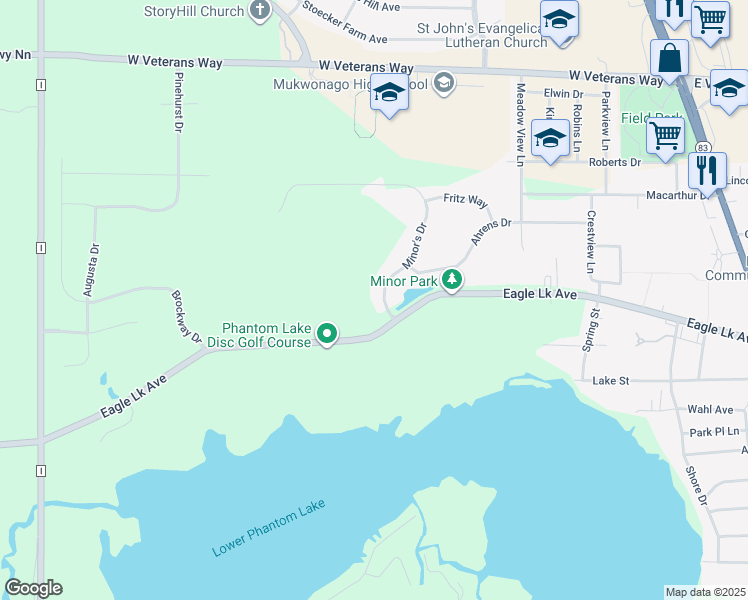 map of restaurants, bars, coffee shops, grocery stores, and more near 413 Minor's Drive in Mukwonago