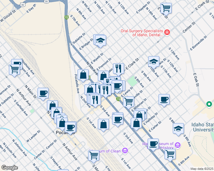 map of restaurants, bars, coffee shops, grocery stores, and more near Interstate 15 Business Loop in Pocatello