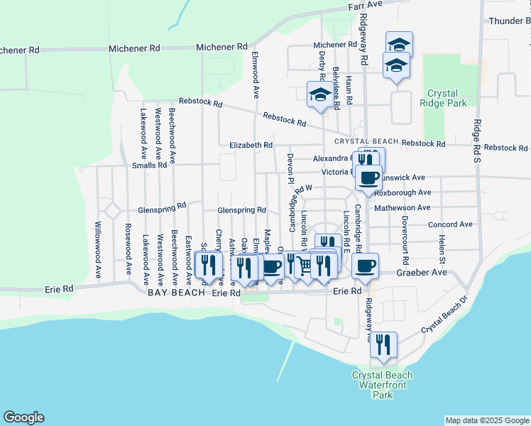map of restaurants, bars, coffee shops, grocery stores, and more near 303 Maplewood Avenue in Fort Erie