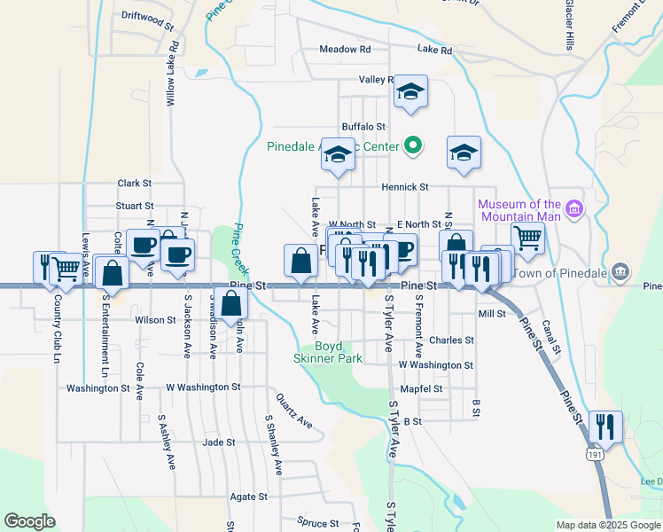 map of restaurants, bars, coffee shops, grocery stores, and more near 231 West Pine Street in Pinedale