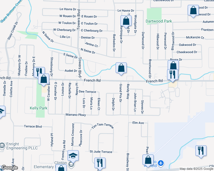 map of restaurants, bars, coffee shops, grocery stores, and more near 46 Caprice Drive in Cheektowaga