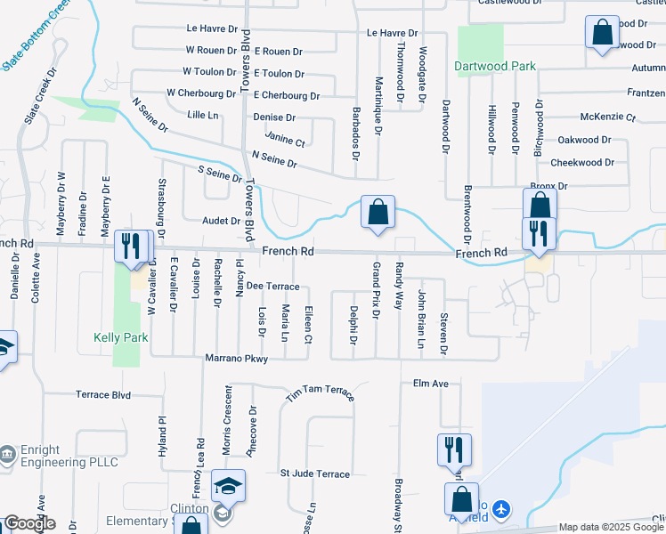 map of restaurants, bars, coffee shops, grocery stores, and more near 46 Caprice Drive in Cheektowaga